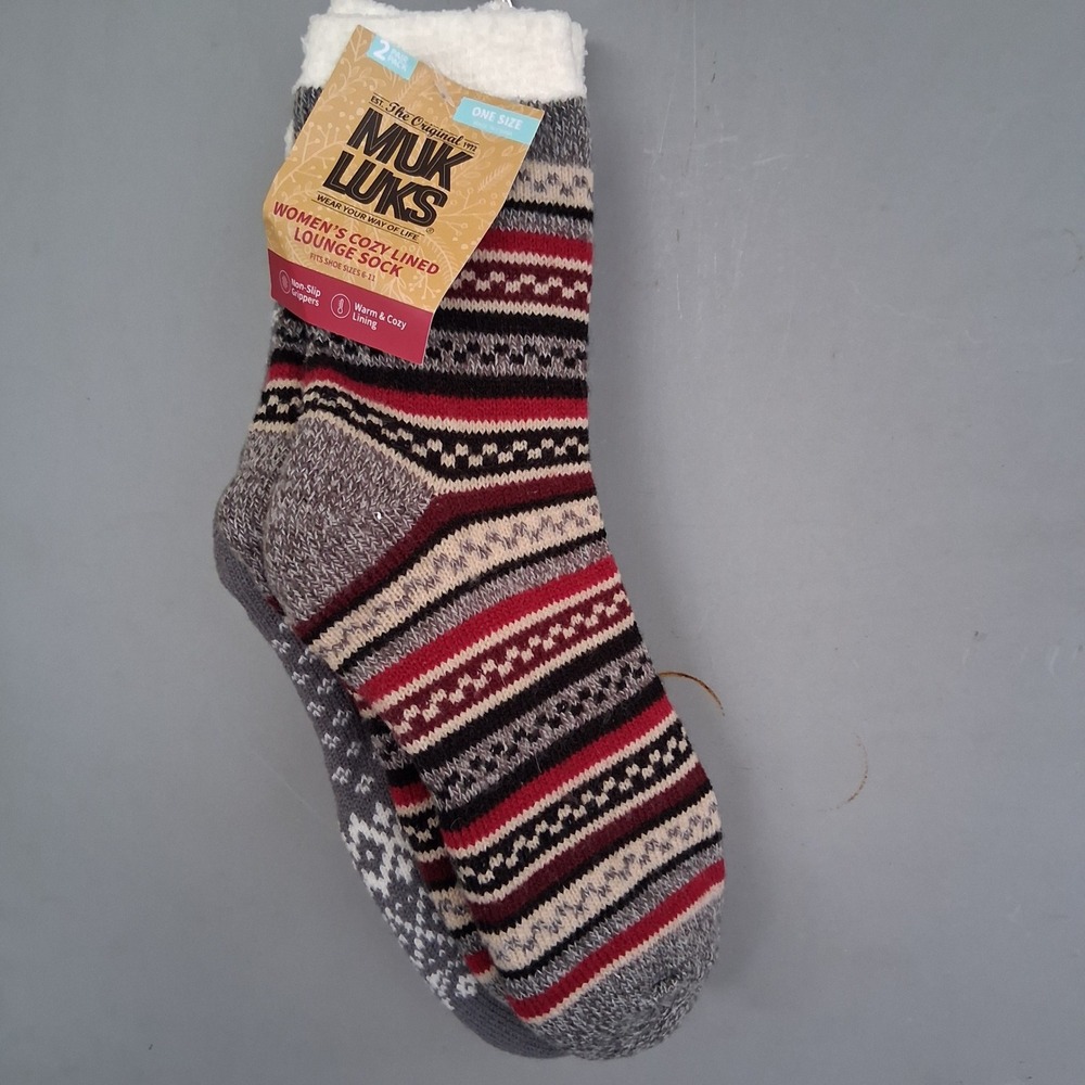 MUK LUKS Womens Cozy Lined Lounge Socks 2 Pair Pack Red Grey Fair Isle OSFM